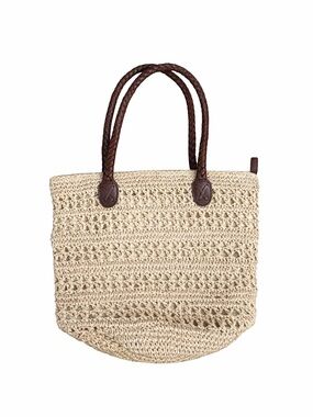 Talbots Straw Tote Bag Woven Beach Coastal Boho Leather Handles